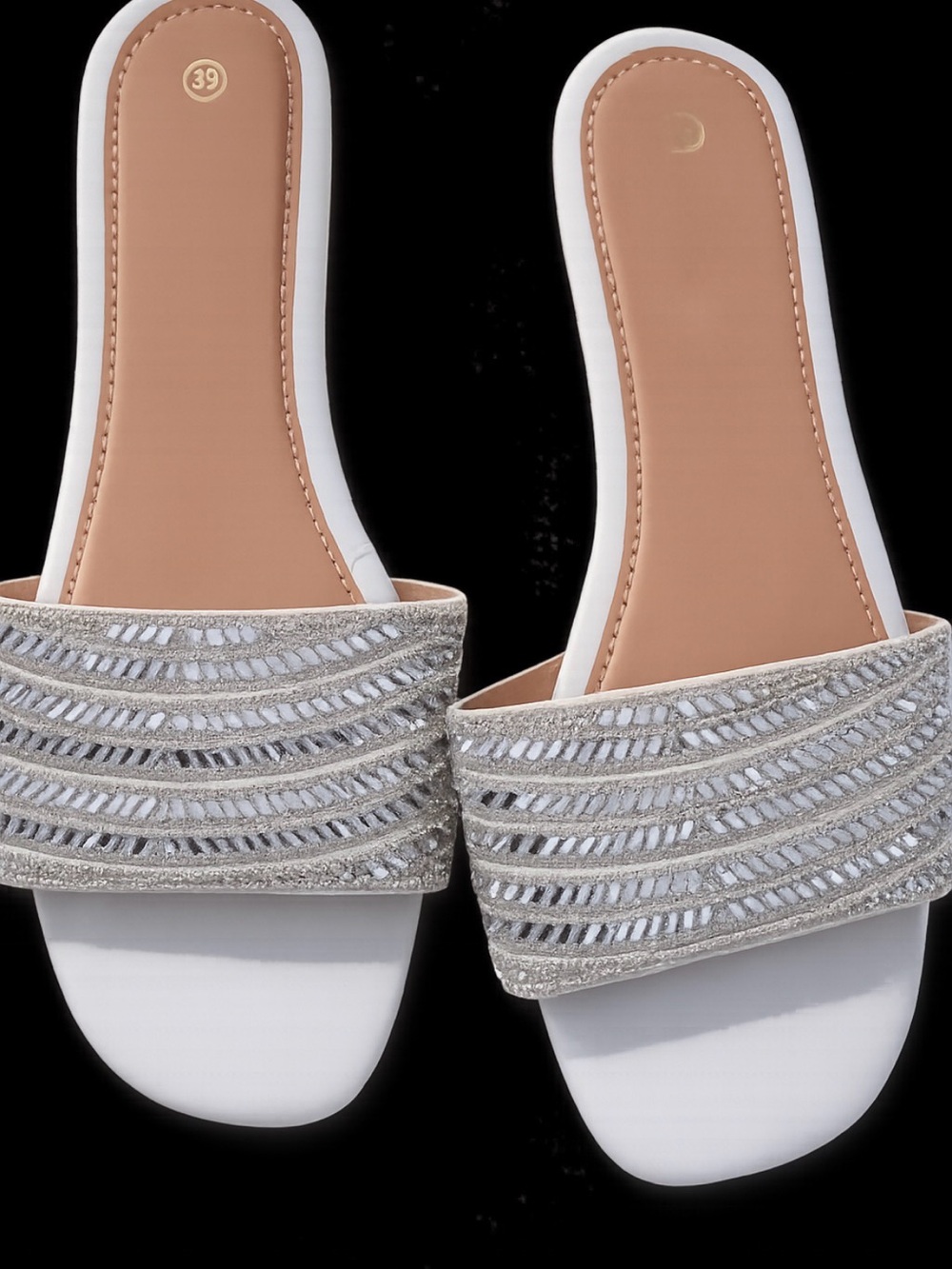 Women's White Slide Mules with Silver Embellished Strap